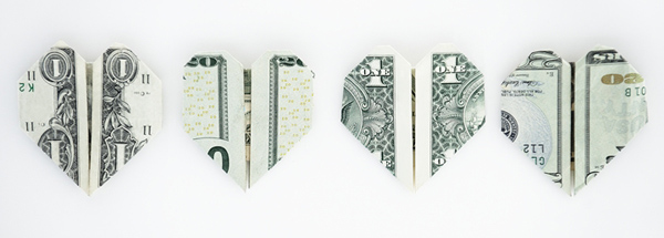 Dollar bills folded into heart shapes