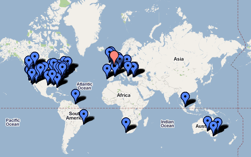 Map showing Twitter contacts scattered across the globe