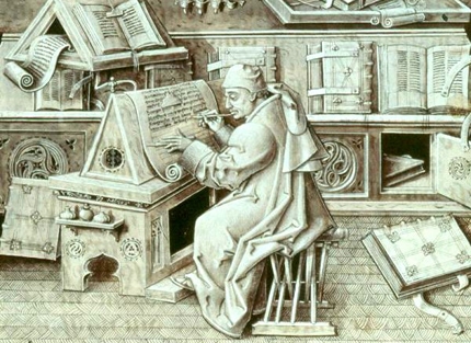 portrait of Jean Miélot, 15th century writer, in his office surrounded by books