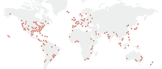 World map showing Hometeam network
