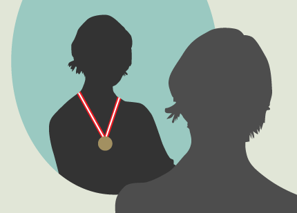 Silhouette of woman looking in the mirror and imagining herself with a medal round her neck