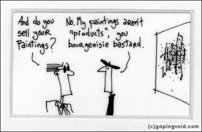 Cartoon: Gallery visitor asks, And do you sell your paintings? Artist replies, No, my paintings are not products, you bourgeoisie bastard