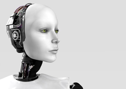 Head of a female robot looking wistfully into the distance