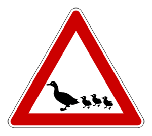 Warning road sign showing mother duck and ducklings