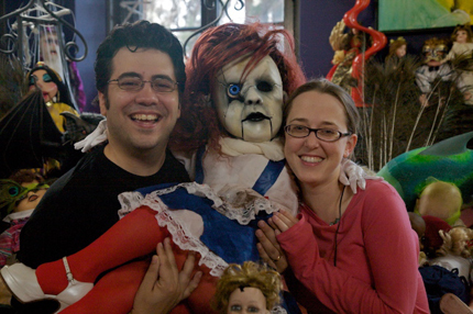 Joke and Biagio on set with scary looking toy killer clown.