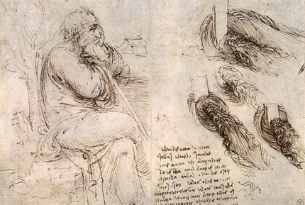 Page from Leonardo da Vinci's notebooks showing sketch of an old man and studies of moving water