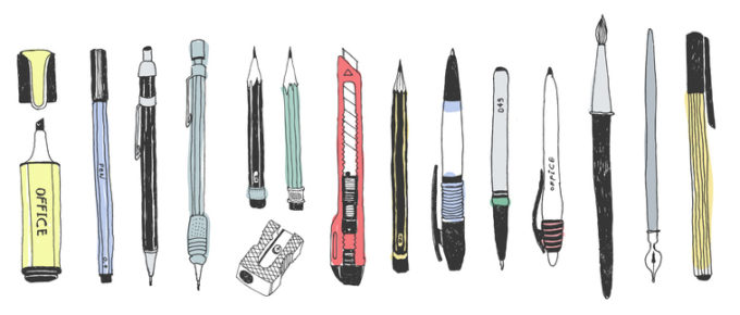 Drawing of pens, pencils, brushes, highlighter, art knife etc
