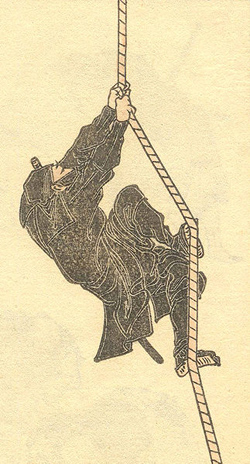Classic drawing by Hokusai of a ninja climbing a rope