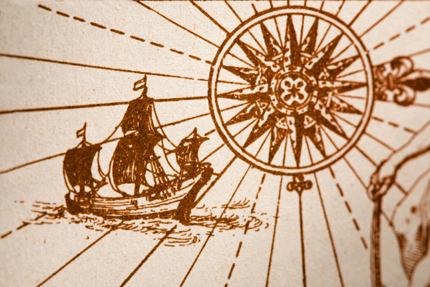 Detail of ship and compass from antique map