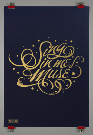 Print of the words Sing in me, Muse, in gold on dark background