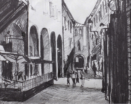 Pencil drawing of shady street