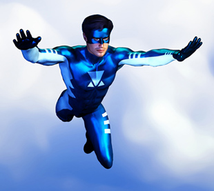 Male superhero flying through the air