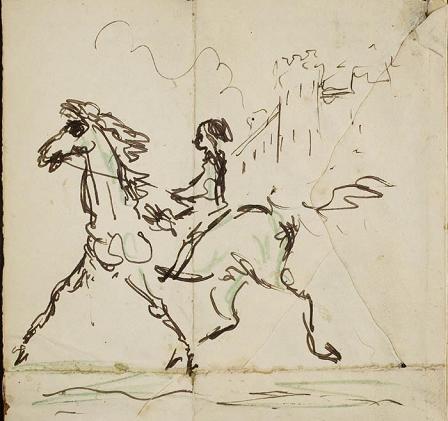 Mervyn Peake's sketch of Titus Groan as a boy riding on a horse in front of Gormenghast castle.