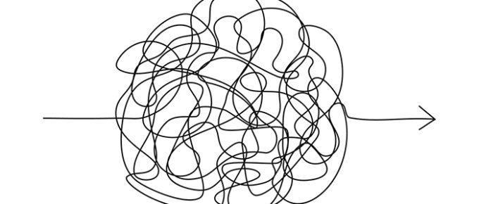 Line drawing of tangled knot resolving into a straight line